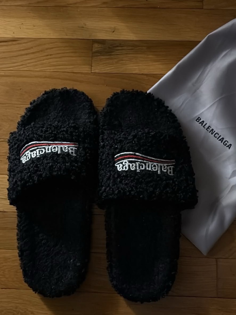 Balenciaga Black Sherpa Logo Slide Sandals